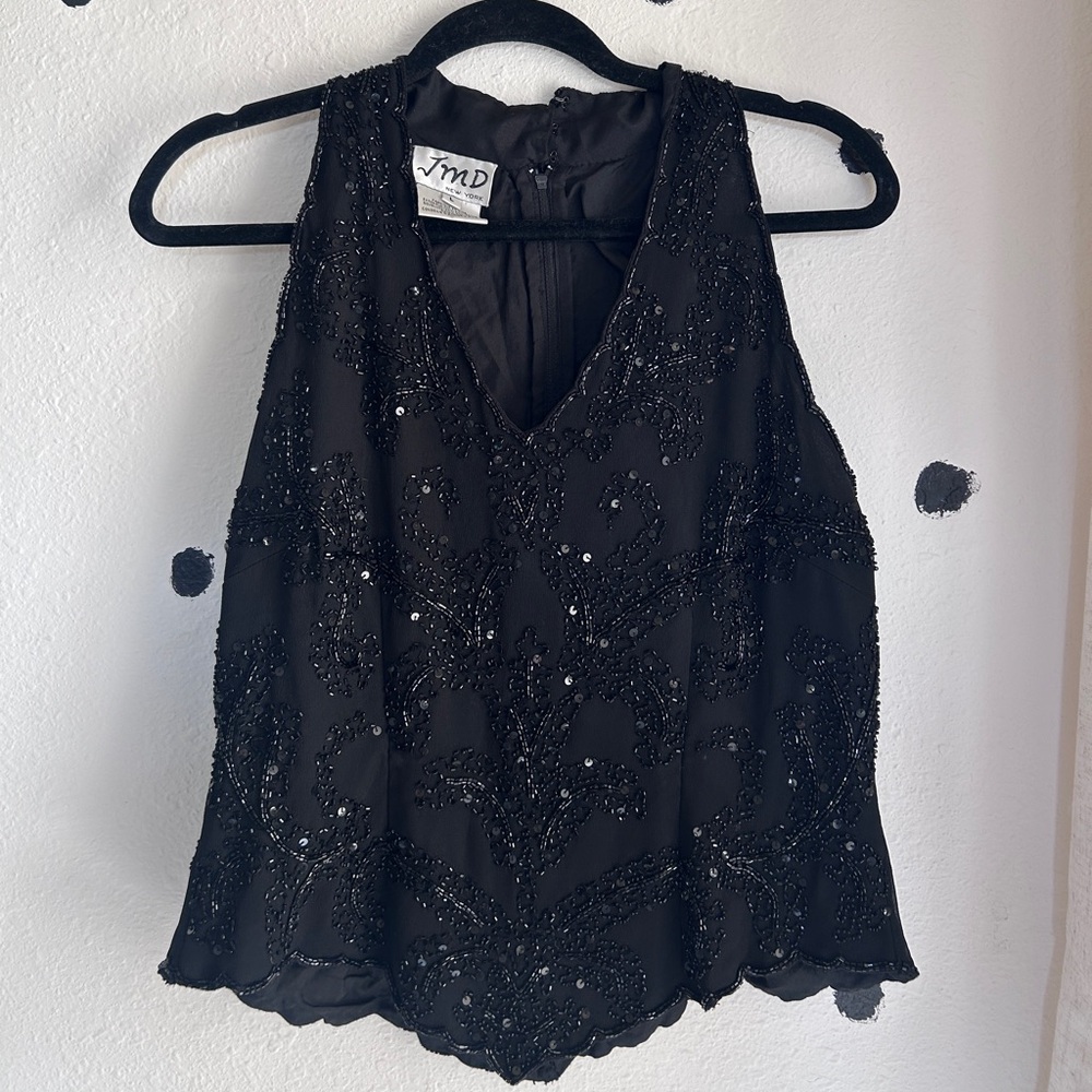 Black Beaded V-Neck Women's Top